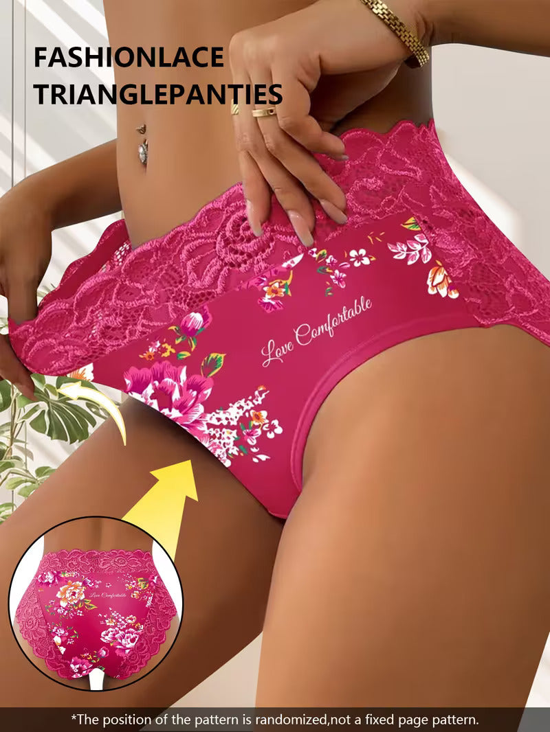 4pcs Women'S Triangle Panties - Elegant Floral Lace Trim Waistband, Soft Breathable Fabric